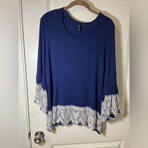 New Directions Womens Bell Sleeve Eyelash Lace Trim Rayon Navy Relaxed Size XL